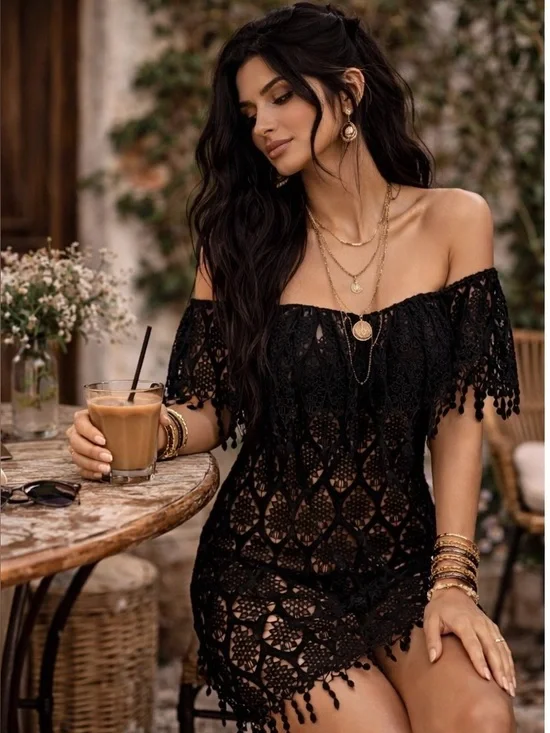 Stone Cold Fox Black Off Shoulder Fringe Boho Embroidery Lace Mini Festival IOWA - Picture 3 of 14